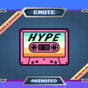 May include: A pink cassette tape design with the word "HYPE" in bold letters. The tape has a retro color scheme and is set against a blue grid background. The image is framed with a decorative border and text that reads "Static & Animated" and "Ready to Use".