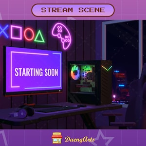 May include: A purple and black gaming setup with a computer monitor displaying "STARTING SOON", a gaming chair, and a keyboard. Neon lights in the shape of a controller, a circle, a square, a triangle, and an X are on the wall.