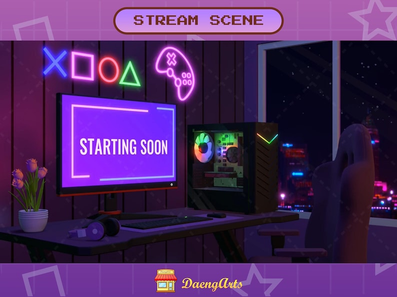May include: A purple and black gaming setup with a computer monitor displaying "STARTING SOON", a gaming chair, and a keyboard. Neon lights in the shape of a controller, a circle, a square, a triangle, and an X are on the wall.