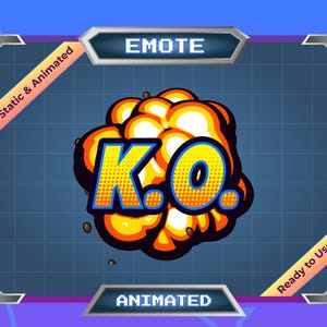 Può includere: Emoticon animata "K.O." con un effetto di esplosione a fumetti giallo e arancione. L'emoticon è inserita in una cornice blu e grigia con le parole "Statico & Animato" e "Animato" nella parte superiore e inferiore della cornice.