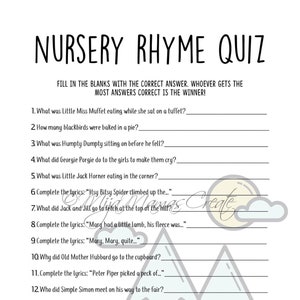 Baby Shower Games, Nursery Rhyme Quiz, Mountain Theme