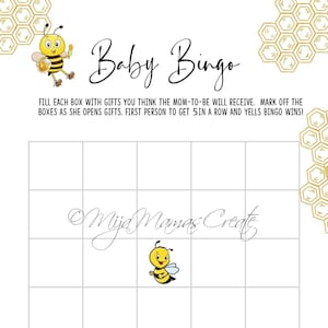 Baby Shower Games, Baby Bingo, Bee Theme