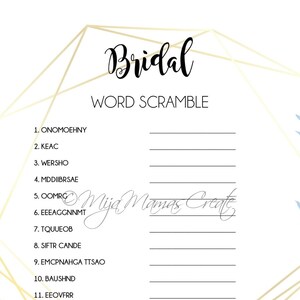 Bridal Shower Games, Word Scramble, Gold Theme