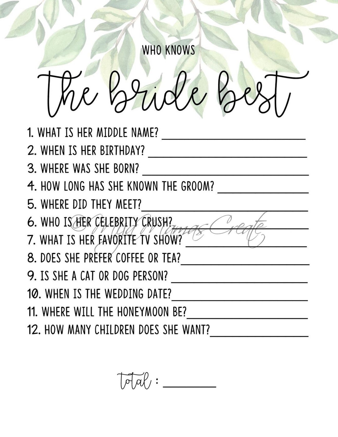 Bridal Shower Games, Who Knows the Bride, Greenery Theme - Etsy
