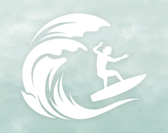 Surfer Catching a Wave, Vinyl Decal, White Vinyl