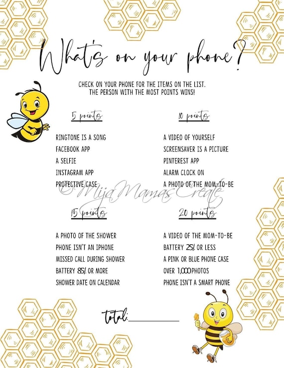 Baby Shower Games Whats on Your Phone Bee Theme Etsy