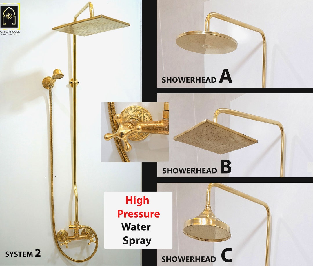 Unlacquered Brass Shower System With Embossed Shower and Etsy