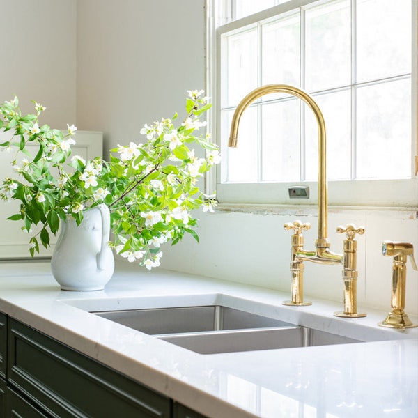 Brass Bridge Kitchen Faucet with Linear Legs - Unlacquered Various Handle Styles