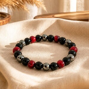 Men's Triple Protection Bracelet | Red Tiger's Eye, Obsidian, Hematite | 8mm Beads | Natural Stone Bracelet
