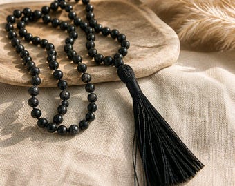 Mala with 108 Black Agate and Lava Stone Beads – Buddhist Mala Necklace – Meditation & Yoga – Spiritual Jewelry