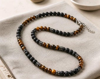 Collier Homme Œil de Tigre & Pierre de Lave 6mm | Collier Perles Naturelles Réglable | Bijou Protection Énergie