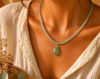 Collana in avventurina verde naturale da 4 mm per donna | Pendente a goccia in pietra naturale | Gioielli per litoterapia verde