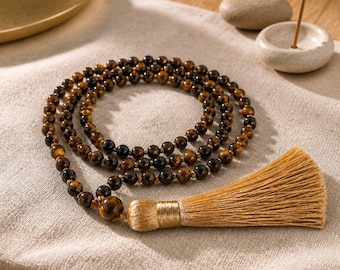 Mala tibétain de 108 perles d'œil de tigre en 6mm avec son pom-pom - Mala spiritualité