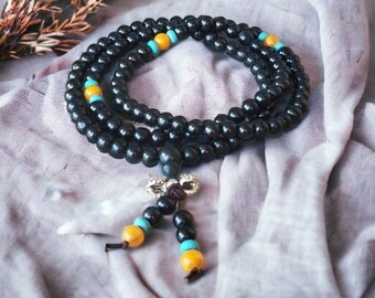 Buddhist mala in 6mm black ebony wood bead