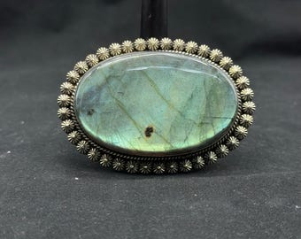 Tibetan Silver Belt Buckle, Natural Labradorite Stone, Oval Western Cowboy Belt Accessory with Handmade Detailing