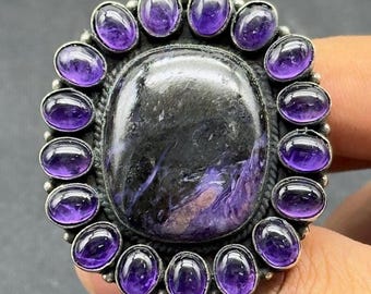 Eudialyte Amethyst Statement Ring, Tibetan Silver Boho Jewelry (US Size 8)