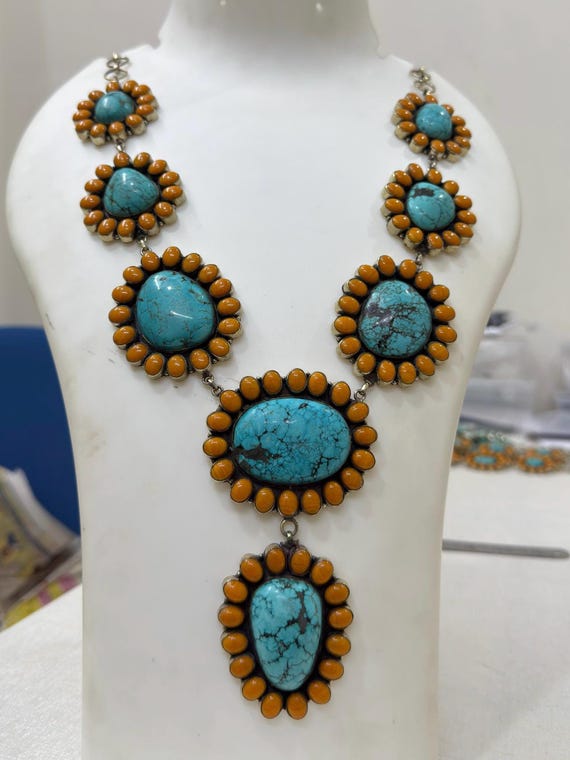 Howlite Turquoise Spiny Oyster Crescent Necklace: Boho Tribal