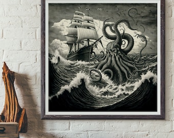 the mighty Kraken, vintage drawing, etching - art print