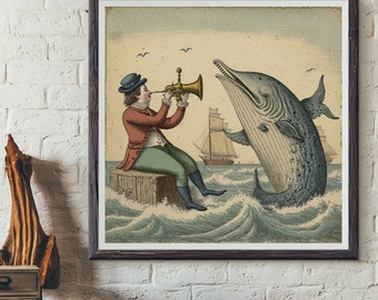 The Whale Charmer, vintage drawing, etching - art print