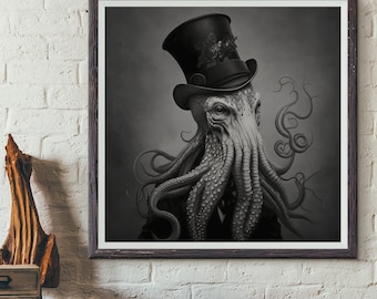 Octopus in a top hat Print, Eclectic Decor, Octopus Decor, Quirky, Kitsch, Bowler Hat, Vintage - art print