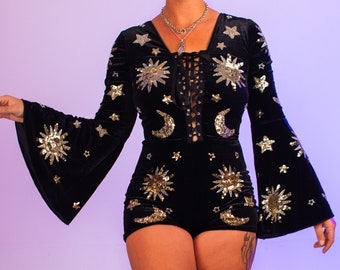 Sun Moon Velvet Sequin Playsuit |  Flared Boho Bodysuit Celestial Festival Rave Fairy