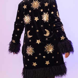 Sequin Velvet Sun Moon Black Fleece Lined Jacket Coat Festival Sequin penny lane Afghan gold silver Unique Rave Unicorn Show Girl Faux Fur zdjęcie 1