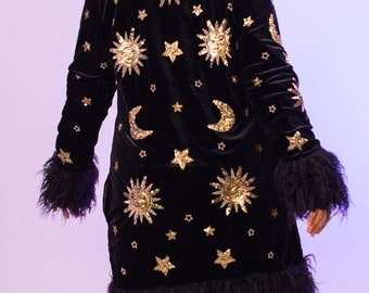 Sequin Velvet Sun Moon Black Fleece Lined Jacket Coat Festival Sequin penny lane Afghan gold silver Unique Rave Unicorn Show Girl Faux Fur