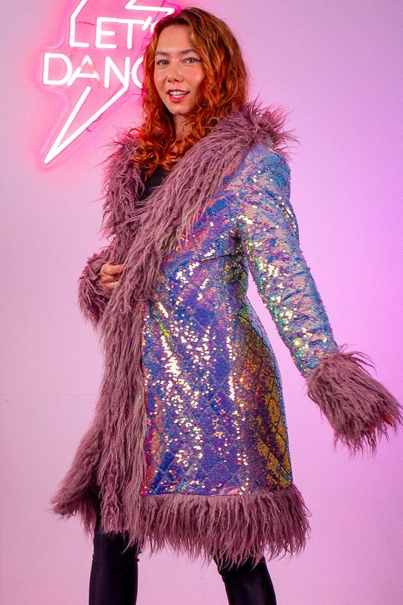 Sequin Lilac Hood Fleece Lined Jacket Coat Festival Sequin  display picture 1