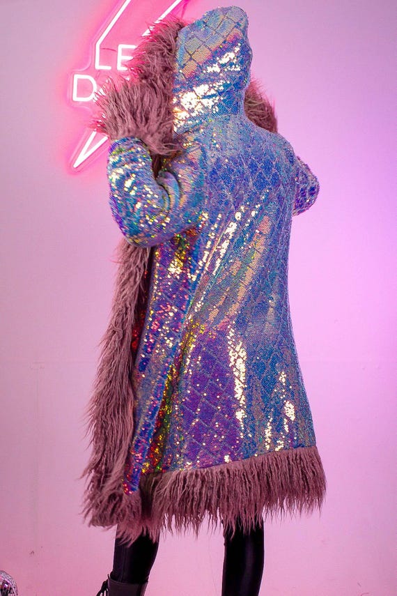 Sequin Lilac Hood Fleece Lined Jacket Coat Festival Sequin  display picture 1