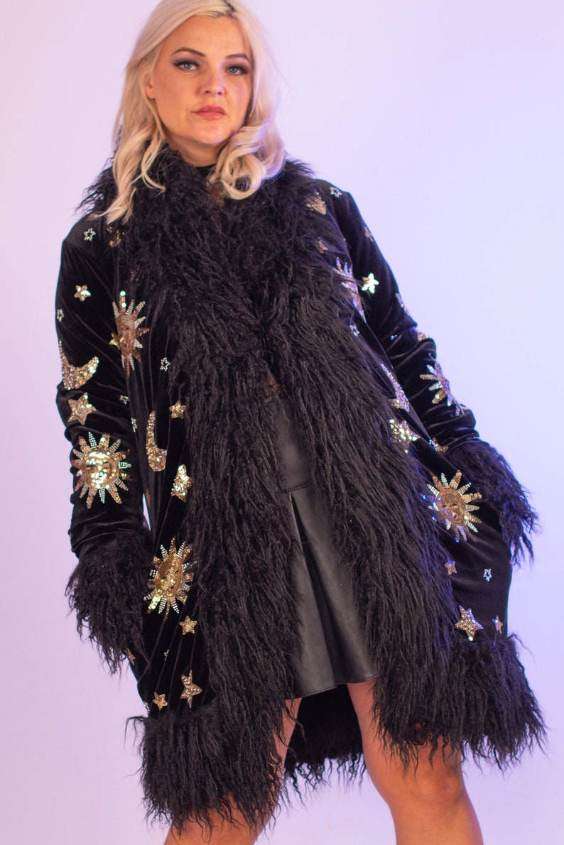 Sequin Velvet Sun Moon Black Fleece Lined Jacket Coat Festival Sequin penny lane Afghan gold silver Unique Rave Unicorn Show Girl Faux Fur zdjęcie 2