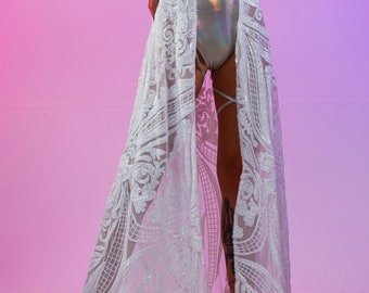White Sequin Skirt Wrap Festival Holographic Unique Rave Unicorn Show Girl EDC Ibiza Beach Party Maxi Bride Hen