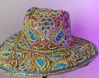 One Off  Hat Cowboy Hat Upcycled Sustainable Festival Boho 70's Vintage Ibiza Rave Sequin Beaded Holiday Vacation EDM Coachella Flower Gold