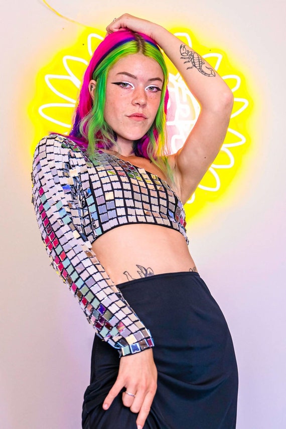 Mirror Sequin One Sleeve Crop Top Festival Party Holographic Unique Rave  Unicorn Show Girl Performer Ibiza NYE Christmas -  Canada
