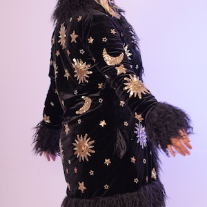 Sequin Velvet Sun Moon Black Fleece Lined Jacket Coat Festival Sequin penny lane Afghan gold silver Unique Rave Unicorn Show Girl Faux Fur zdjęcie 4