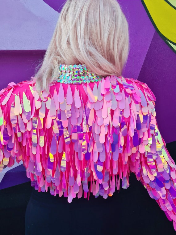 Sequin Jacket Festival Pink Holographic Stud Collar Unique Rave Unicorn Show Girl EDC Burning Man Coachella Cropped Unique Glastonbury
