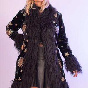 Sequin Velvet Sun Moon Black Fleece Lined Jacket Coat Festival Sequin penny lane Afghan gold silver Unique Rave Unicorn Show Girl Faux Fur zdjęcie 3