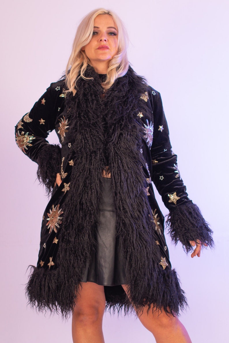 Sequin Velvet Sun Moon Black Fleece Lined Jacket Coat Festival Sequin penny lane Afghan gold silver Unique Rave Unicorn Show Girl Faux Fur zdjęcie 3