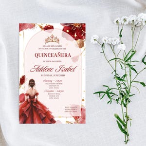 Bearbeitbare Quinceamaßa-Einladung, digitale Vorlage, Sofort-Download, rot-goldene Quinceamaßa-Einladung