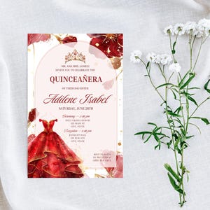 Bearbeitbare Quinceamaßa-Einladung, digitale Vorlage, Sofort-Download, rot-goldene Quinceamaßa-Einladung