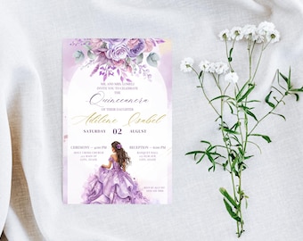 Lilac Floral Quinceañera Invitation, Editable Template (Digital Download)