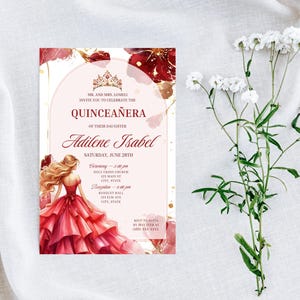 Bearbeitbare Quinceamaßa-Einladung, digitale Vorlage, Sofort-Download, rot-goldene Quinceamaßa-Einladung