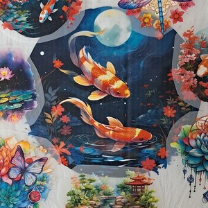 Könnte beinhalten: Ein Set mit acht bunten Bügelbildern mit Koi-Karpfen, Lotusblumen, Schmetterlingen und einer Libelle. Die Patches sind perfekt, um Kleidung, Taschen oder anderen Stoffartikeln einen Hauch von Verspieltheit zu verleihen.