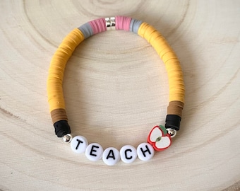 Teacher Bracelet, Pencil Bracelet, Stackable Bracelet, Teacher Heishi Bracelet, Pencil Heishi Bracelet, Teacher Gift, Gifts for Teachers