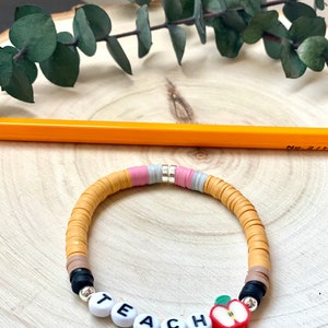 Personalized Teacher Bracelet, Pencil Bracelet, Stackable Bracelet, Teacher Heishi Bracelet, Pencil Heishi Bracelet, Teacher Gift