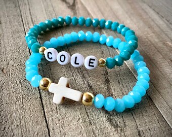 Set of 2 - Personalized Bracelets, Cross and Crystal Bracelet, Custom Word Bracelet, Stackable Bracelets, Custom Bracelets, Boy Mom Bracelet