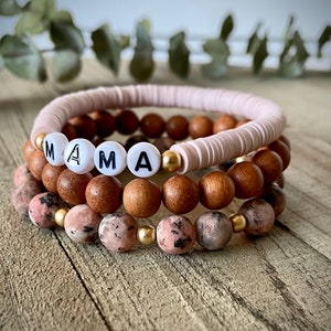 Set of 3 Bracelets, Pink Gemstone & Wood Stack, Heishi Bracelet, Girl Mom Bracelets, Wood Bracelet, Personalized Bracelet, Gemstone Bracelet