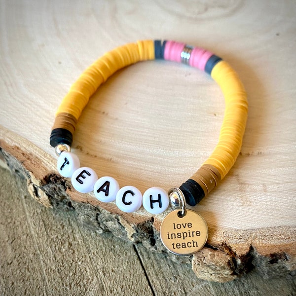 Teacher Bracelet, Pencil Bracelet, Stackable Bracelet, Teacher Heishi Bracelet, Pencil Heishi Bracelet, Teacher Gift, Gifts for Teachers