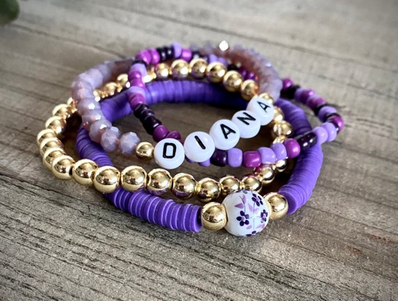 Set of 4 Bracelets Purple eggplant Stack Heishi Bracelet Mom Bracelets Gold Hematite Bracelet Personalized Bracelet Seed Bead Bracelet Etsy