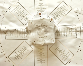 May include: A white cloth with a brown circular design. The design features a circle with a triangle inside, and the words "The Board" and "My Healing Oracle". There are 12 cards around the circle, each with a different word or phrase on it. The cards are labeled with numbers 1 through 12.