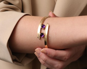 Bangle with amethyst in 14K Gold, 2.36 inches | Vintage Solid Gold | Minimalistic Gold Jewelry | Scandinavian Jewelry